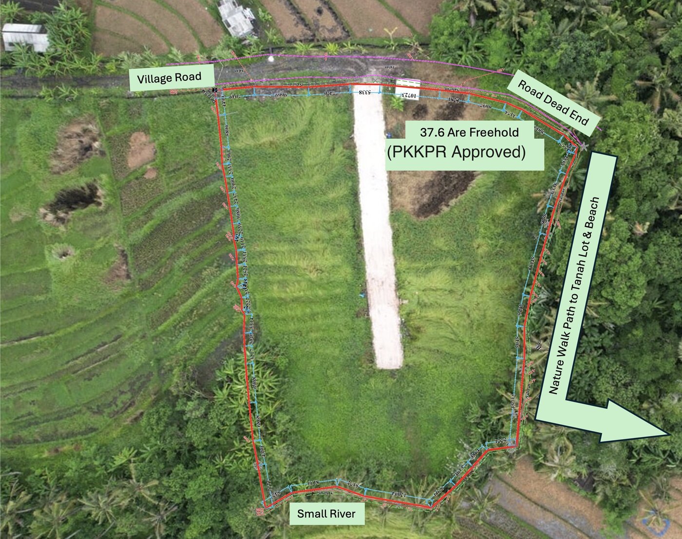 Annotated aerial survey showing site boundaries, road access, river edge, and nature walk path to Tanah Lot